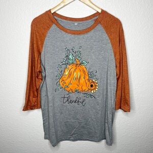 NEW XL Thanksgiving Shirt Womens Thankful Pumpkin 3/4‎ Sleeve Graphic Tee Top